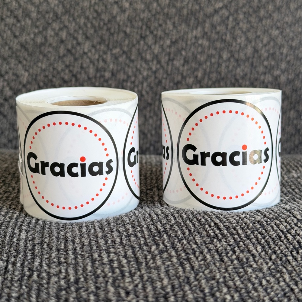 2 rolls of Gracias ( Thank You ) Stickers 2in round
